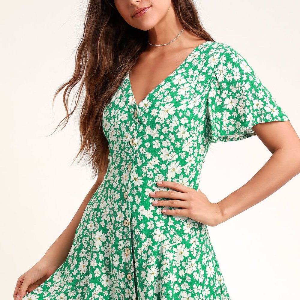 Lulu's Green Floral Print Button Front Mini Dress